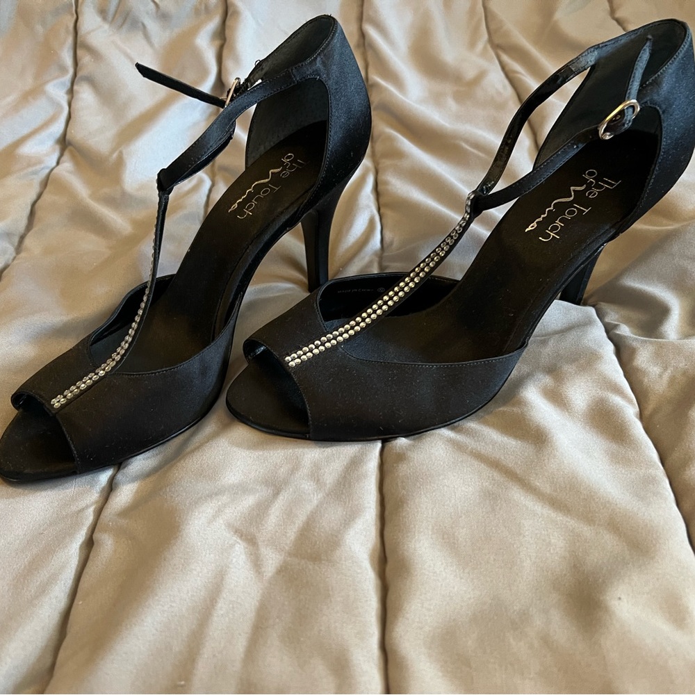 Touch of Nina, size 9, ladies, black satin and rhinestone, 3.5 inch heel